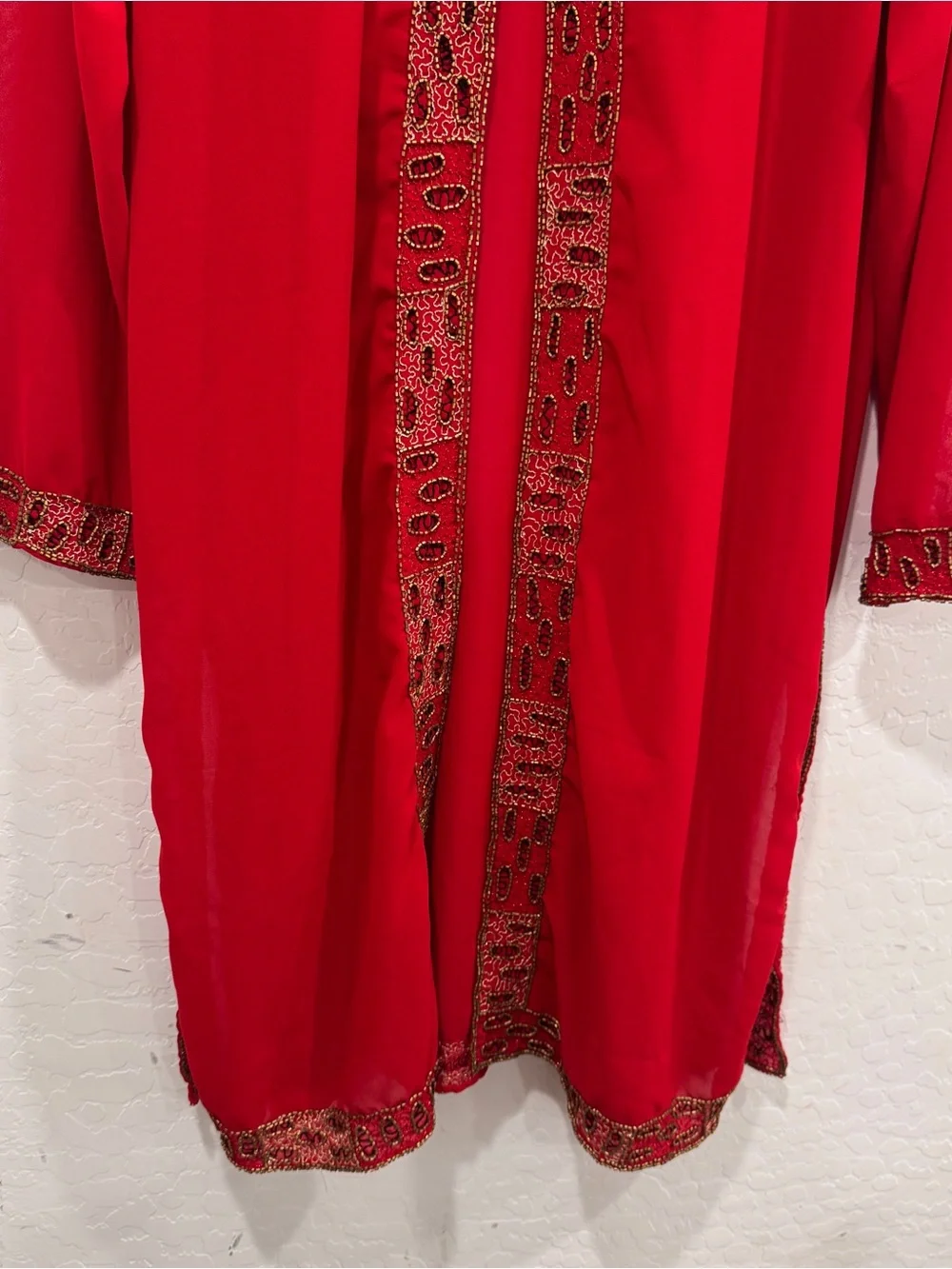Midnight Velvet Red Beaded Trim Duster Cardigan Womens 1X Sheer Maximalist Boho